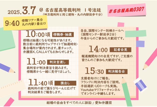 2025.3.7

@名古屋高等裁判所 1号法廷

(地裁と同じ・丸の内駅徒歩9分)

9:40
傍聴ツアー丸の内駅１番出口集合


10:00頃

傍聴券・抽選

傍聴は抽選になる可能性があります。 数日前に裁判所ウェブサイトで抽選時刻・ 集合場所が案内されます。要チェック。 弁護団X、CALL4でもお知らせします。

11:00

判決言渡し

裁判官が判決要旨を読みます。 傍聴席から一緒に見守りましょう。

11:40頃

旗出し

裁判所の前で旗をびろーんと広げて 判決結果をご報告します。

#名古屋高裁0307

各自、国際センター別棟ホールへ (国際センター駅徒歩2分)

午後からのご参加も大歓迎です。

14:00

記者会見

報道機関向けの会見ですが、ご支援の 皆さんのご参加も大歓迎です。

15:30

判決報告会

支援者向けにご報告。 フランクに判決内容をご説明。 手話通訳・UDトークも実施。 Youtubeマリフォーチャンネル でオンライン中継もします。

結婚の自由をすべての人に訴訟/ 愛知弁護団