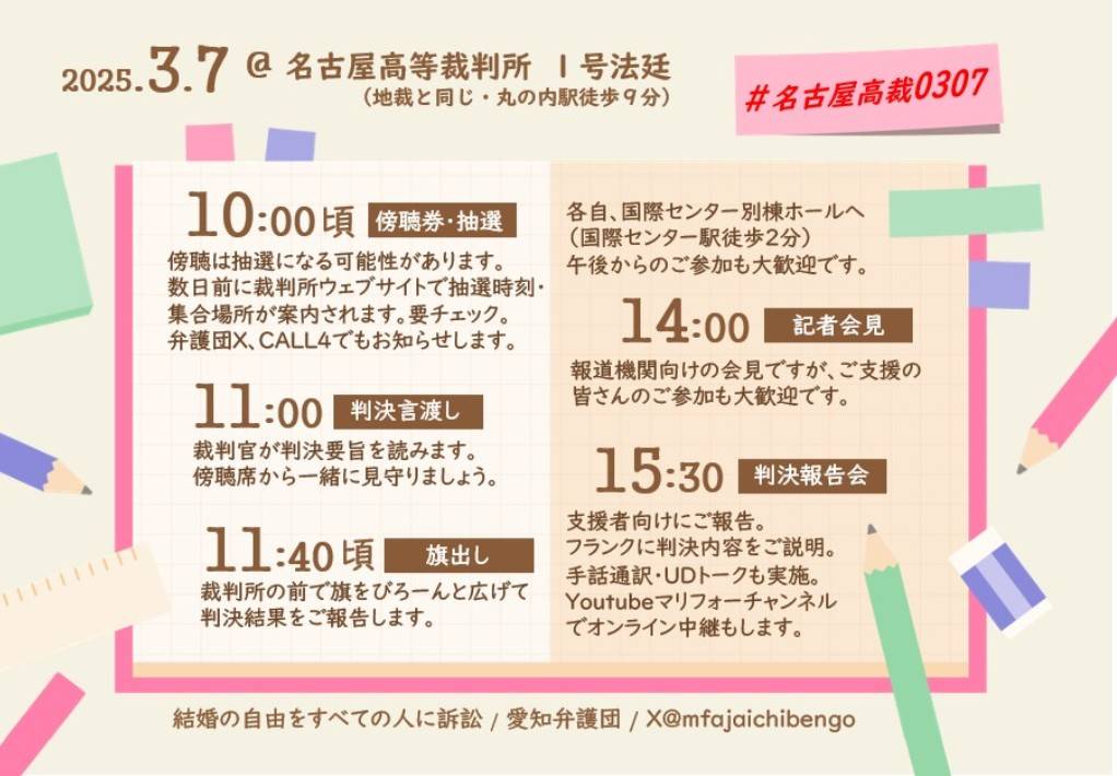 2025.3.7

@名古屋高等裁判所 1号法廷

(地裁と同じ・丸の内駅徒歩9分)

10:00頃

傍聴券・抽選

傍聴は抽選になる可能性があります。 数日前に裁判所ウェブサイトで抽選時刻・ 集合場所が案内されます。要チェック。 弁護団X、CALL4でもお知らせします。

11:00

判決言渡し

裁判官が判決要旨を読みます。 傍聴席から一緒に見守りましょう。

11:40頃

旗出し

裁判所の前で旗をびろーんと広げて 判決結果をご報告します。

#名古屋高裁0307

各自、国際センター別棟ホールへ (国際センター駅徒歩2分)

午後からのご参加も大歓迎です。

14:00

記者会見

報道機関向けの会見ですが、ご支援の 皆さんのご参加も大歓迎です。

15:30

判決報告会

支援者向けにご報告。 フランクに判決内容をご説明。 手話通訳・UDトークも実施。 Youtubeマリフォーチャンネル でオンライン中継もします。

結婚の自由をすべての人に訴訟/ 愛知弁護団/X@mfajaichibengo