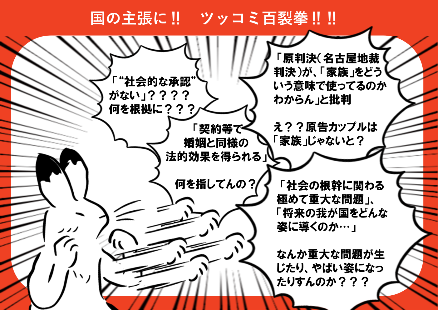 ●国の主張に！！　ツッコミ百烈拳！！！！ 控訴人「『“社会的な承認”がない』？？？？　何を根拠に？？？」 「『契約等で婚姻と同様の法的効果を得られる』　何を指してんの？」 「『原判決（名古屋地裁判決）が、「家族」をどういう意味で使ってるのかわからん』　え？？？原告カップルは『家族』じゃないと？」 「『社会の根幹に関わる極めて重大な問題』、『将来の我が国をどんな姿に導くのか･･･』　なんか重大な問題が生じたり、やばい姿になったりすんのか？？？」